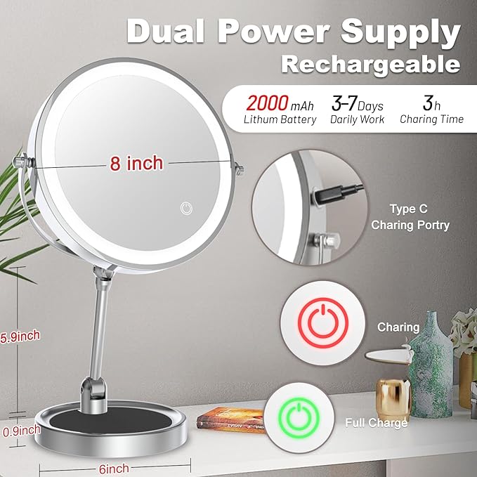 Large Lighted Makeup Mirror, Height Adjustable 8" Rechargeable Foldable Mirrors, 1X/10X Double Sided 3 Color Dimmable Magnifying Mirror, 360° Swivel Touch Screen Tabletop Standing Mirror, Chrome