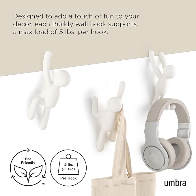 Umbra Buddy Wall Hooks, White, Set of 3