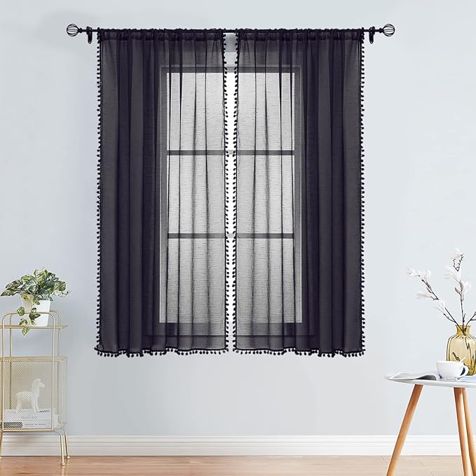Treatmentex Black Pom Pom Sheer Curtains for Bedroom 63" Linen Texture Decorative Voile Draperies Chic Solid Sheer Curtain Panels for Living Room 52" w 2 Pack