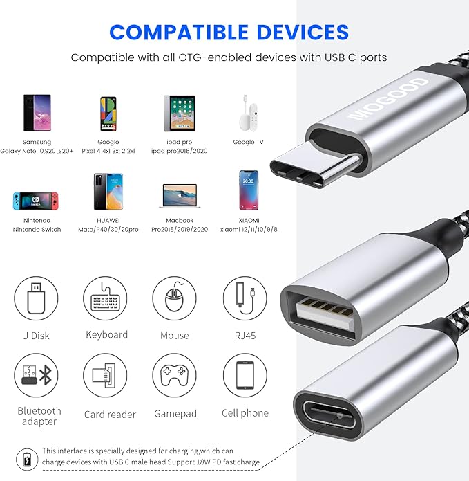MOGOOD USB C OTG C to USB Splitter USB C Splitter PiKVM OTG Cable 18W PD Type C OTG Charging Adapter for GalaxyS24 Google Chromecast Onn TV 4k Plus 3D Printer Octo4a Fifine AM8 Microphone iPhone16