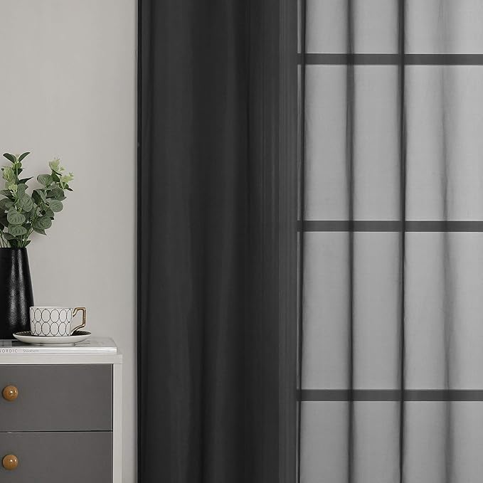 KEQIAOSUOCAI 63 inches Long Living Room Sheer Curtains - Eyelet Top Voile Sheer Draperies Privacy for Villa, W 54 by L 63 inch Length, 2 Panels,Jet Black