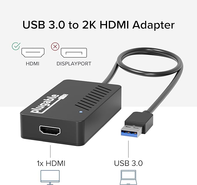 Plugable USB 3.0 to HDMI Video Graphics Adapter – DisplayLink Certified for Multiple Monitors up to 2560x1440 – External USB to HDMI Adapter Compatible with Windows 11, 10, 7, XP, and macOS