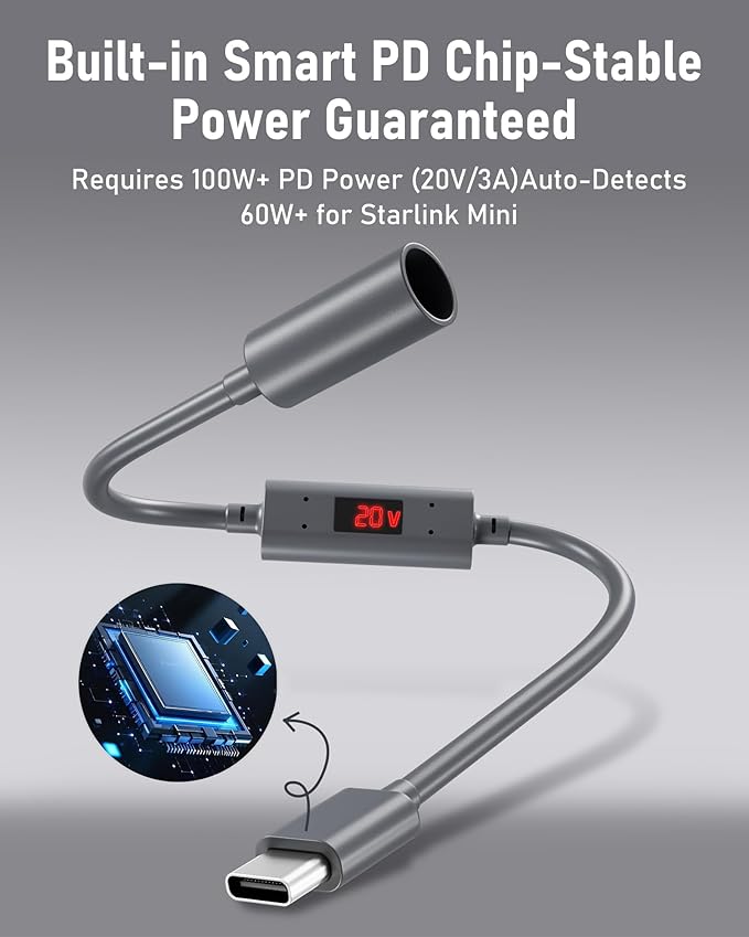 Starlink Mini USB-C to DC Power Extension Cable 30cm – Smart PD Chip Adapter with Voltage & Current Display for Fast Troubleshooting, 18AWG Tinned Copper Wire, Waterproof Accessories for RV & Camping