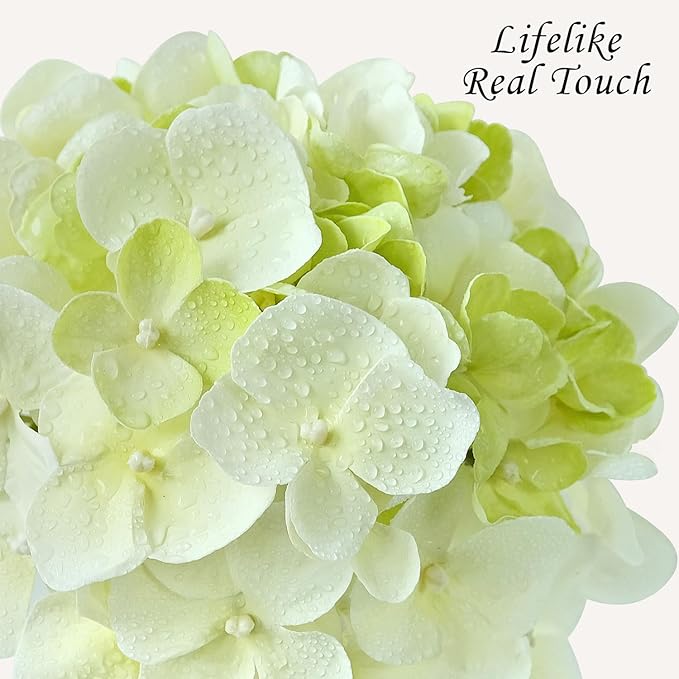 Hydrangea Artificial Flowers, Green/White 4Pcs 21” Latex Real Touch Flowers, Full Faux Silk Flowers Fake Artificial Hydrangeas with Stems for Bouquet Table Centerpieces Wedding Baby Showers