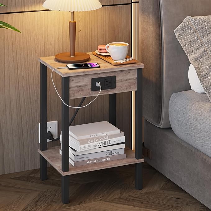VIMBER Set of 2 End Table with Charging Station, Narrow Side Table with USB Ports and Outlets, Nightstands with 2-Tier Storage Shelves, Sofa Table for Small Space Living Room Bedroom, Greige