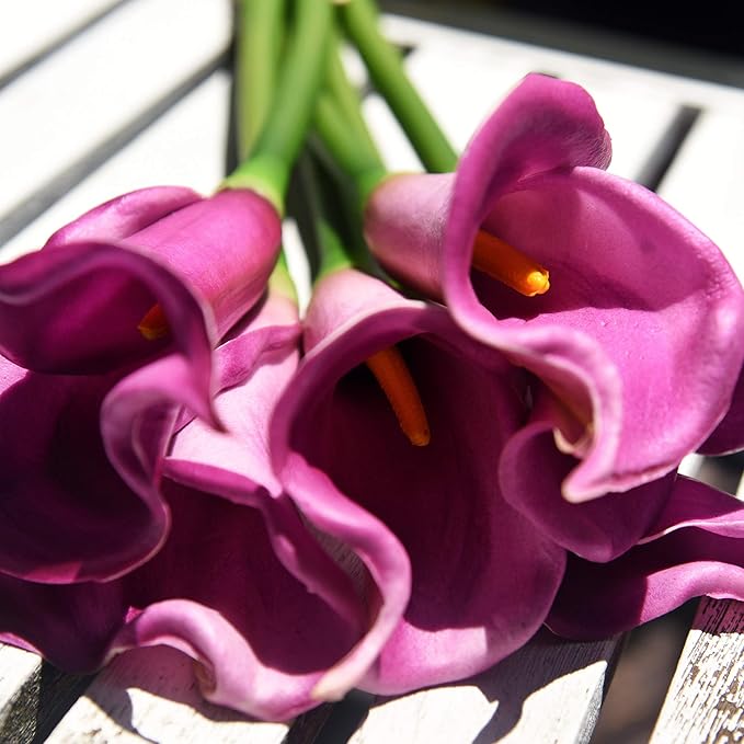 FiveSeasonStuff Real Touch Calla Lily Artificial Flowers, Wedding Bridal Floral Arrangements (25'' 6 Long Stems, Autumn Purple)