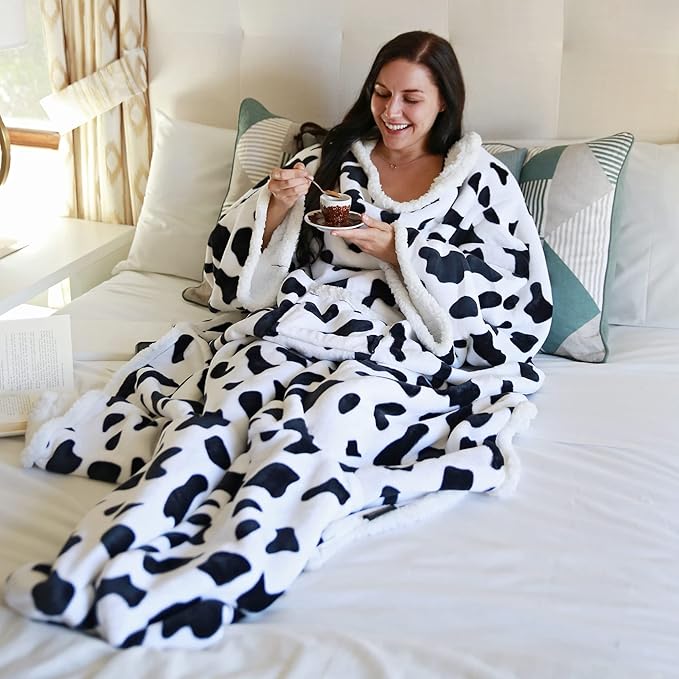 Catalonia Cow Print Sherpa Wearable Blanket with Sleeves & Foot Pockets for Adult Women Men, Comfy Snuggly Wrap Sleeved Throw Blanket Robe, Gift Idea