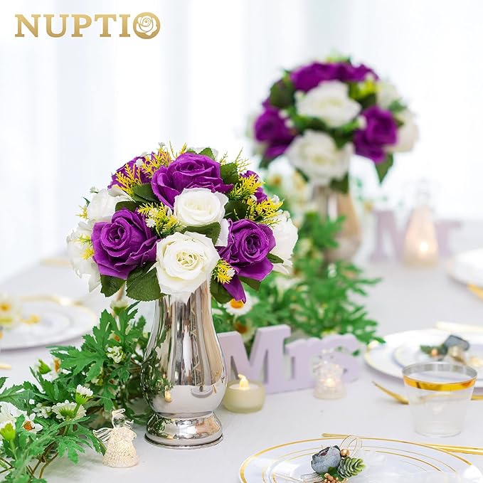 NUPTIO Pcs of 2 Fake Flower Ball Arrangement Bouquet,15 Heads Plastic Roses with Base, Suitable for Our Store's Wedding Centerpiece Flower Rack for Parties Valentine's Day Home Décor (Purple & White)