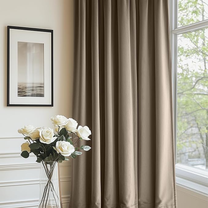 Lazzzy Velvet Blackout Curtains Thermal Insulated Room Window Drapes Super Soft Luxury Curtains for Living Room Bedroom Rod Pocket 2 Panels, Light Taupe, 52" W x 108" L