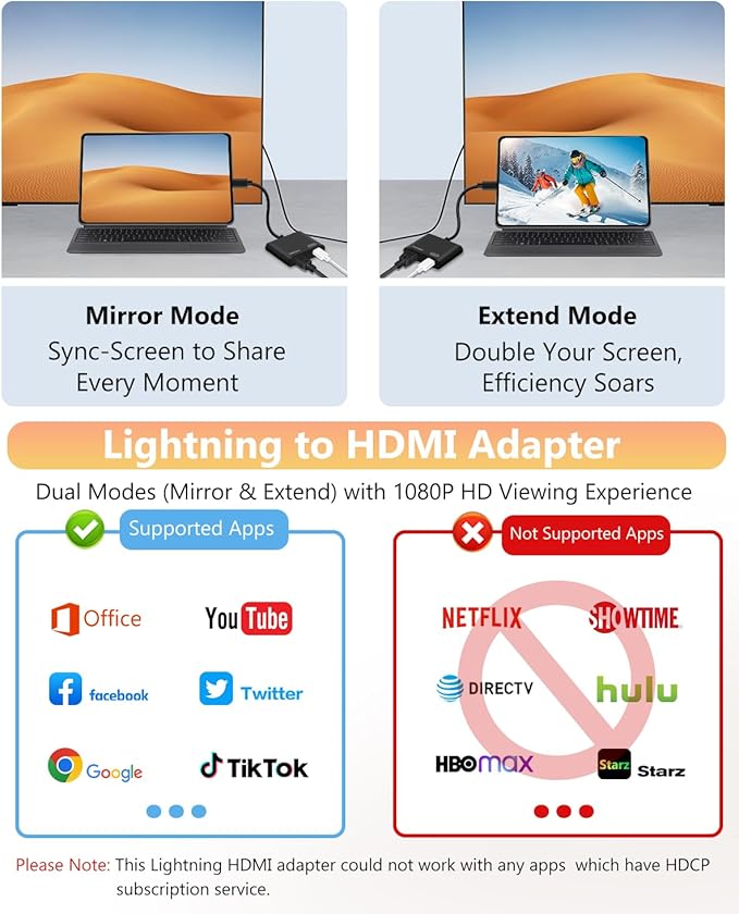 Lightning to HDMI Adapter for iPhone, [Apple MFi Certified] Digital AV Dongle,1080P Sync Screen Cable with Lightning Charging Port for iPhone, iPad to TV/Projector/Monitor No Need Power Supply