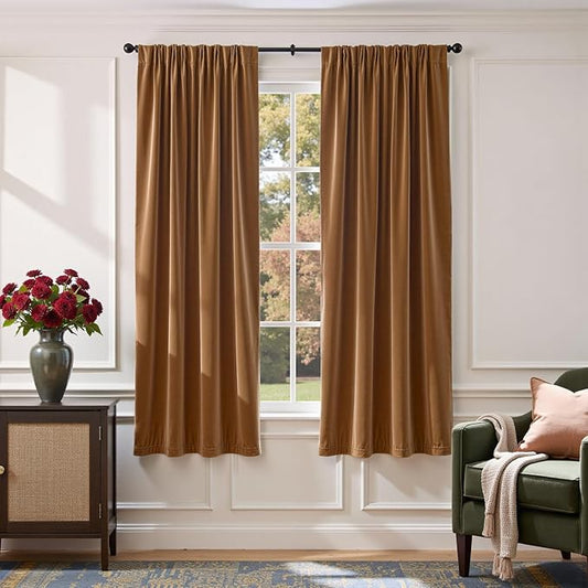Lazzzy Velvet Blackout Curtains Thermal Insulated Room Window Drapes Super Soft Luxury Curtains for Living Room Bedroom Rod Pocket 2 Panels, Gold Brown, 52" W x 72" L