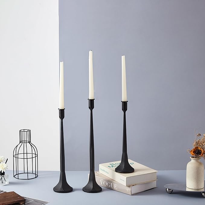 Denique Iron Taper Candle Holder Set of 3, Black Candlestick Holders Decorative Candle Stand, Tapered Candle Holders Tall Set for Wedding, Dining Table, Home Decoration (Black)