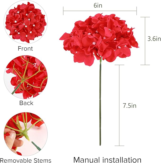 Auihiay 64pcs Hydrangea Artificial Flowers, Red Fake Hydrangea Flowers with Stems, Artificial Hydrangea Flowers for Wedding Centerpieces, Home Garden Party Decoration (Red)