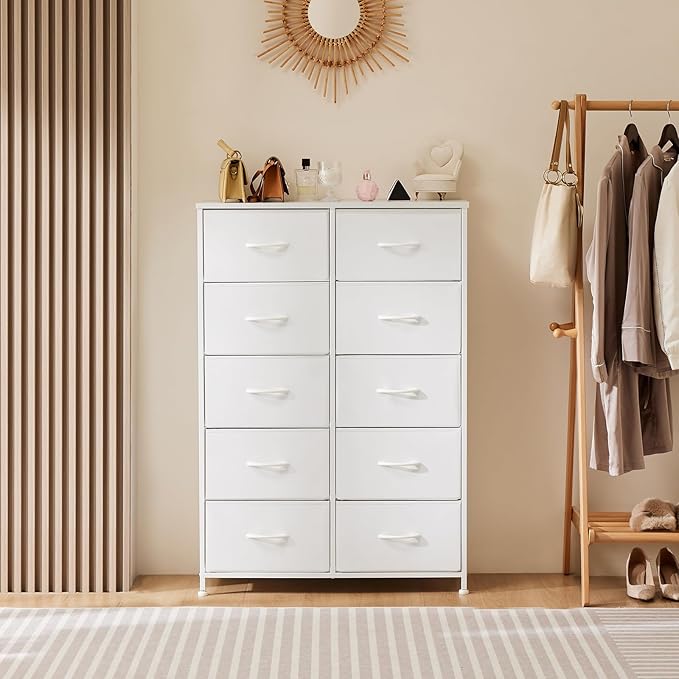 Sweetcrispy 10 Drawer Fabric Dresser Tall Chest Storage Organizer Tower with Cabinet Metal Frame and Wood Top Lightweight Nursery Closet Furniture for Bedroom,Cream White