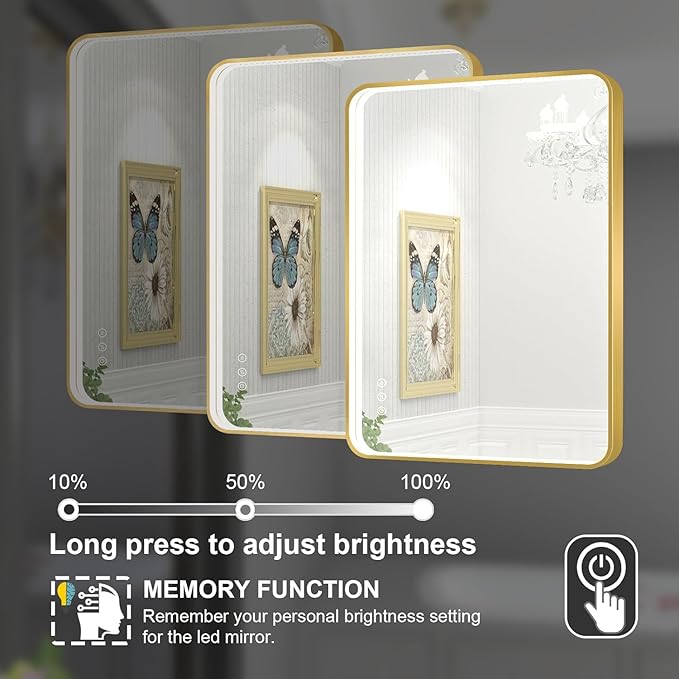 LED Bathroom Mirror with Lights, 24x32 Inch Gold Metal Framed LED Mirror for Bathroom, 3 Colors and Stepless Dimmable Wall Mounted Lighted Bathroom Vanity Mirror, Anti-Fog, Memory