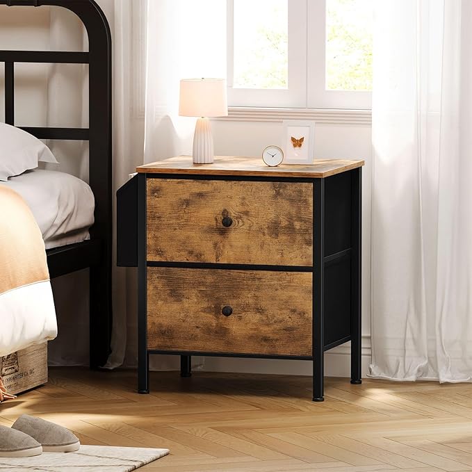 BOLUO Night Stand with Drawers for Bedroom - Small nightstand with Pocket 2 Drawer Dresser End Table Brown