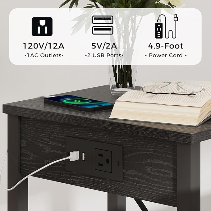 VIMBER Set of 2 End Table with Charging Station, Narrow Side Table with USB Ports and Outlets, Nightstands with 2-Tier Storage Shelves, Sofa Table for Small Space Living Room Bedroom