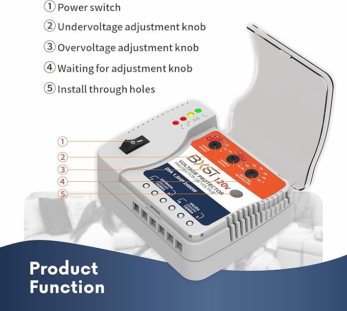 BXST Surge Protector, 20A Voltage Regulator, Wiring Heavy Duty Power Surge Protector Outlet for Refrigerator, TV, Computer and Home Appliance, Adjustable, LED Display Screen, 120V, 2400W, 140J