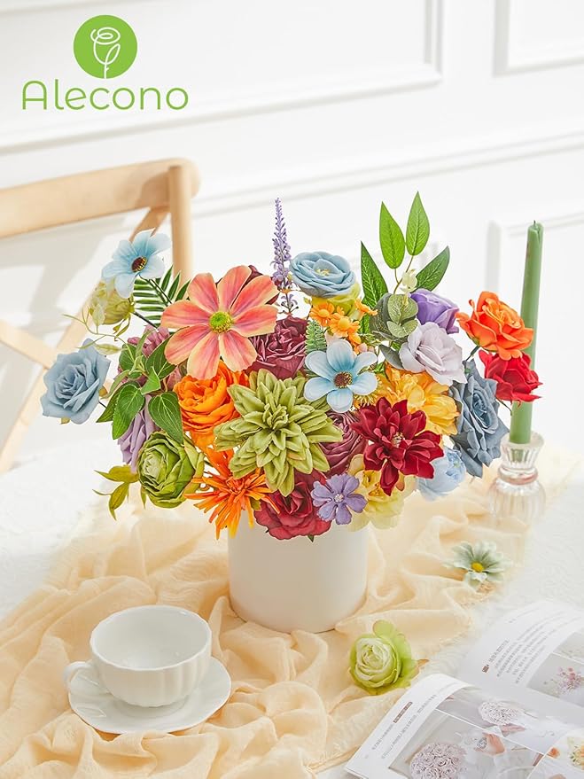 Alecono Artificial Flowers, Colorful Combo Silk Fake Flowers with Stems for DIY Wedding Bridal Bouquets, Floral Arrangement Home Cake Decor