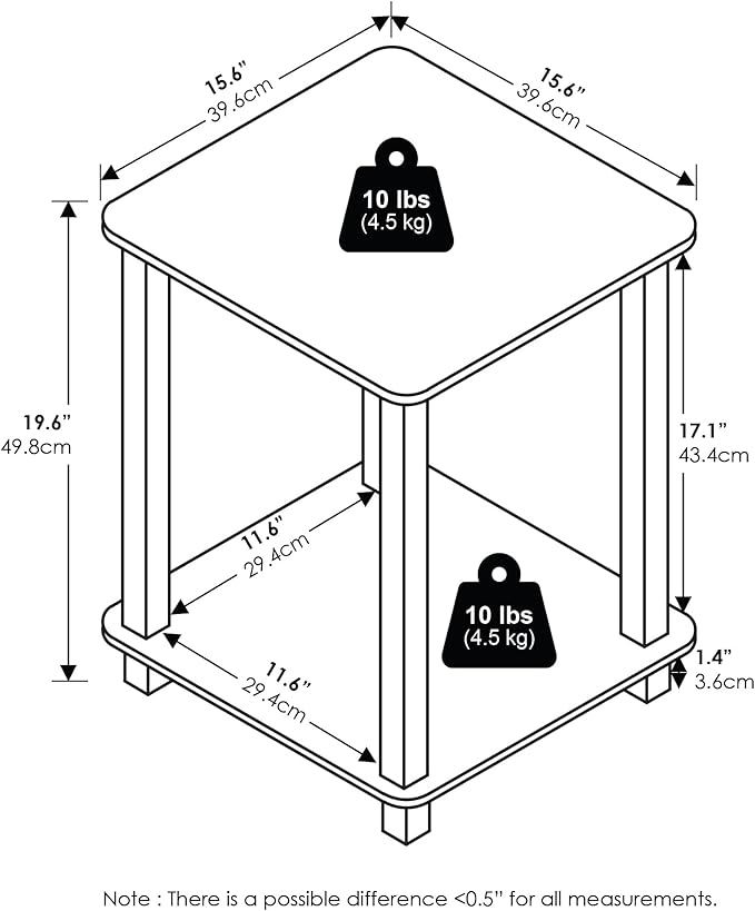 Furinno Simplistic Side Table Set of 2, 2-Tier End Table, Nightstand, Night Stand, Bedside Table, Easy Assembly, for Living Room, Bedroom, White