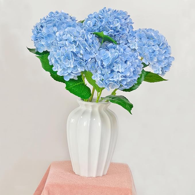 Real Touch Blue Hydrangea Artificial Flowers with Stems, Fake Silk Flowers for Outdoors, 3 Pcs Artificial Flowers for Home Decor Wedding Bouquets Centerpieces Vase