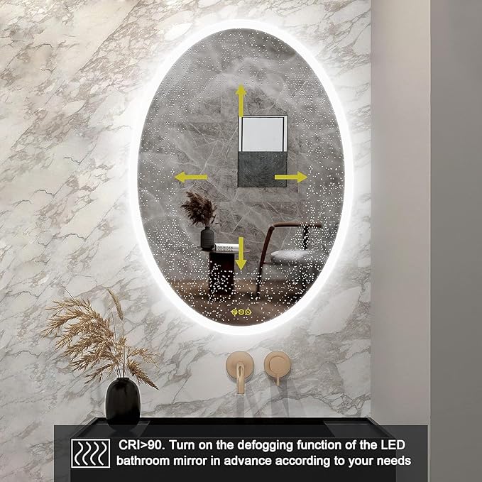 Wall-Mounted LED Oval Bathroom Mirror, Makeup Mirror (28 inches x 20 inches,) 3 Color Stepless Dimmable Memory Bathroom Vanity Mirror with Lights CRI90+ 3000-6400K Smart Mirror with Touch