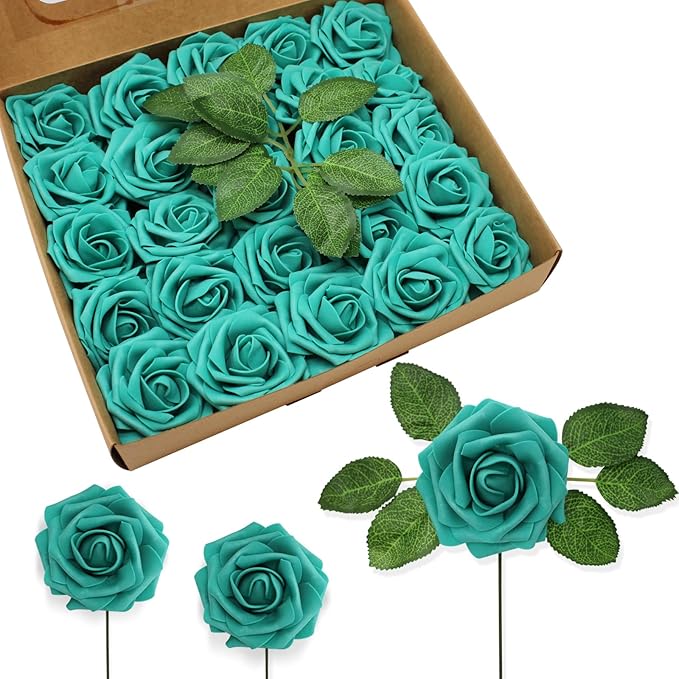 JOYLEX Artificial Flowers Realistic Roses, Real Looking Fake Roses with Stem for DIY Wedding Bouquets Centerpieces Bridal Shower Party Home Romantic Decorations (Dark Turquoise, Regular 3" - 200pcs)