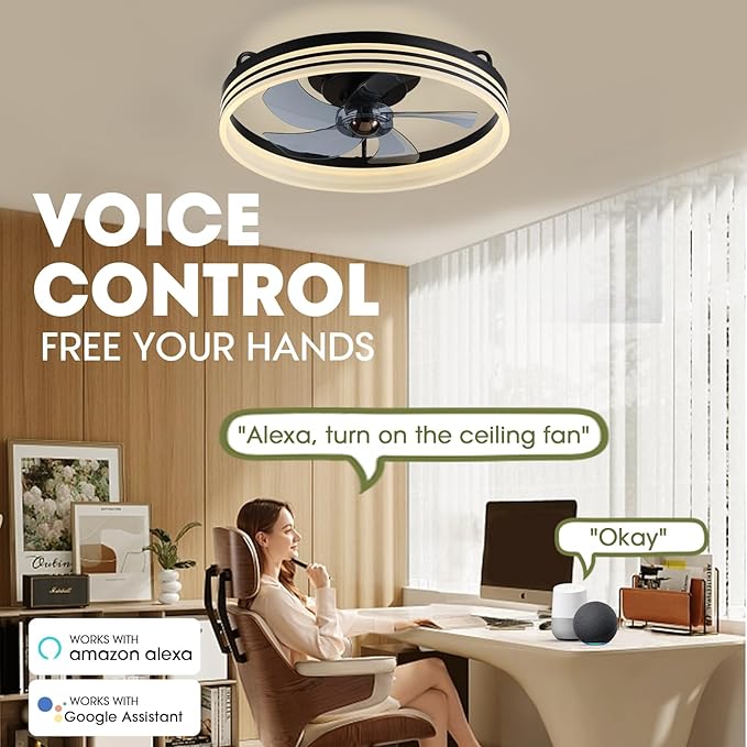 Smart Ceiling Fan with Lights and Alexa/Google Assistant/APP Control, 20" Low Profile Fan with 6 Speeds, for Bedroom, Living Room, Patio