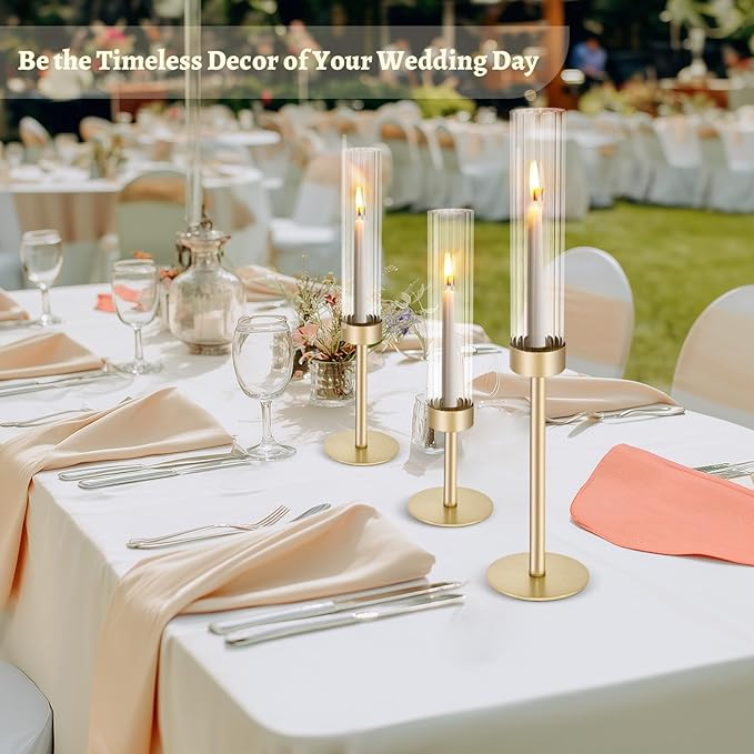 Gold Hurricane Glass Candle Holders: Cadhodenm Tall Glass Candlestick Holder for Wedding Set of 3 Brass Taper Candle Holders Modern Candle Sticks Holder for Table Centerpiece Party Christmas Home