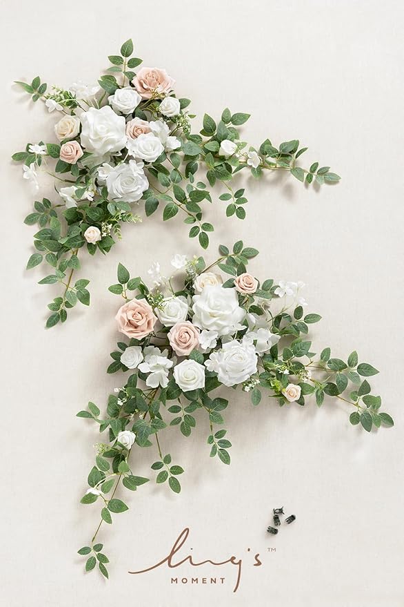 Ling's Moment 2pcs Wedding Flowers Garland Artificial Floral Swag Arch Decorations Rose Greenery Arrangements White & Sage Ceremony Reception Garden Easel Wall Entryway Outdoor board(NOT Include Sign)