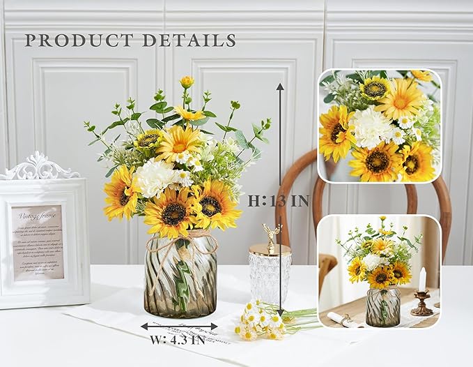 Fake Flowers Artificial Sunflowers with Vase, Faux Silk Flowers Plants for Home Office Decorations, Kitchen Dining Table Decor, Farmhouse Centerpiece Table Decoration