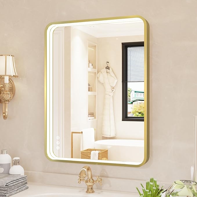 LED Bathroom Mirror with Lights, 24x32 Inch Gold Metal Framed LED Mirror for Bathroom, 3 Colors and Stepless Dimmable Wall Mounted Lighted Bathroom Vanity Mirror, Anti-Fog, Memory