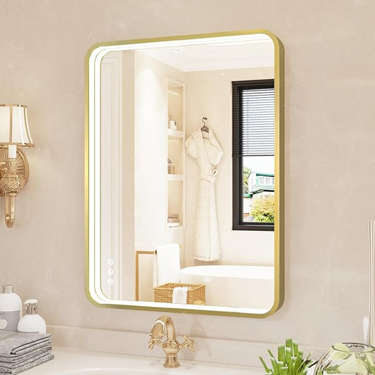 LED Bathroom Mirror with Lights, 24x32 Inch Gold Metal Framed LED Mirror for Bathroom, 3 Colors and Stepless Dimmable Wall Mounted Lighted Bathroom Vanity Mirror, Anti-Fog, Memory