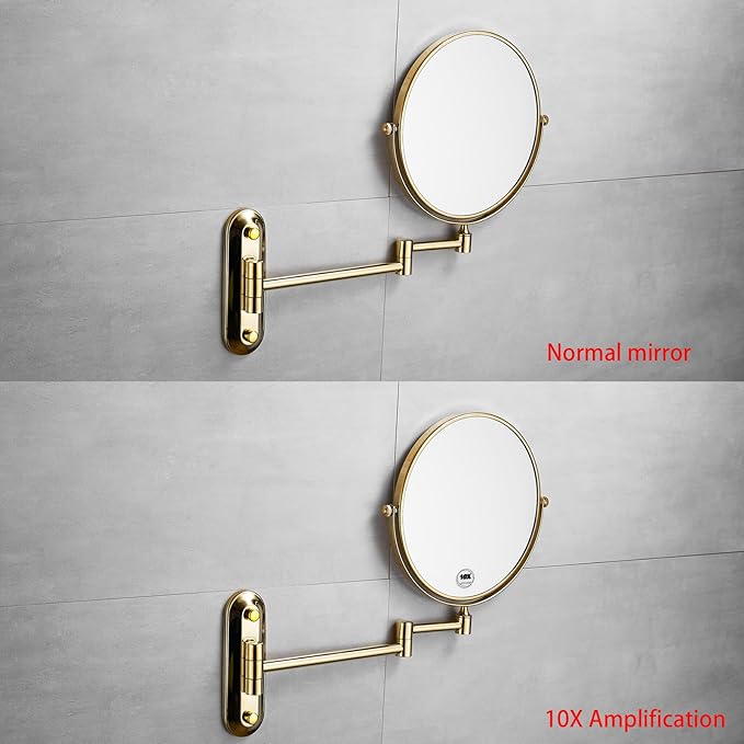 Gold 1x10x Magnifying Double Sided Bathroom Mirror 360 Degree Swivel Makeup Mirror Adjustable Extension Arm Wall Mount 8 Inch Non-Illuminated Beauty Mirror Shaving Mirror (Oval Base)