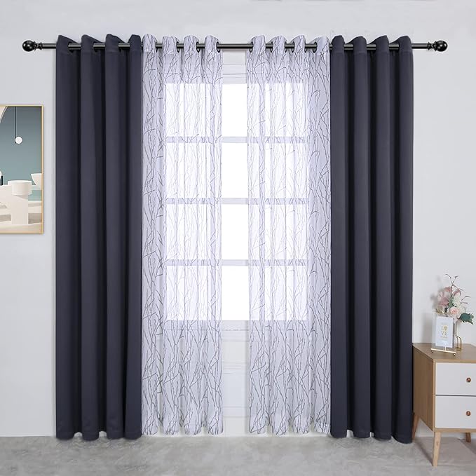 BONZER Mix and Match Curtains - 2 Pieces Branch Print Sheer Curtains and 2 Pieces Blackout Curtains for Bedroom Living Room Grommet Window Drapes, 54x84 Inch/Panel, Grey Dark, Set of 4 Panels