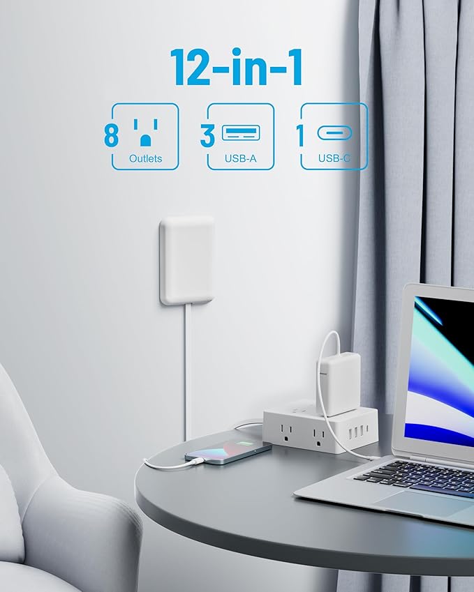 Flat Extension Cord with Outlet Cover, Olcorife Flat Plug Power Strip with 8 Outlets and 4 USB Ports, 2000 Joules Surge Protector, 5 FT Cord Hidden Outlet Extender for Tight Spaces