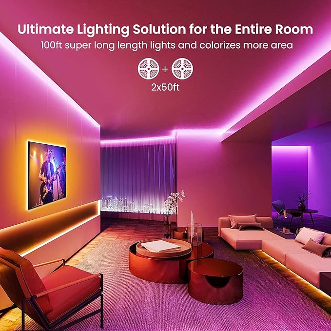 GUPUP LED Lights Strip 100 FT, LED Lights for Bedroom 100ft, RGB Rope Light for Room, Bluetooth APP Control,Color Changing Strip, Sync with Music,para Cuarto, for Bedroom Home Party Decoration