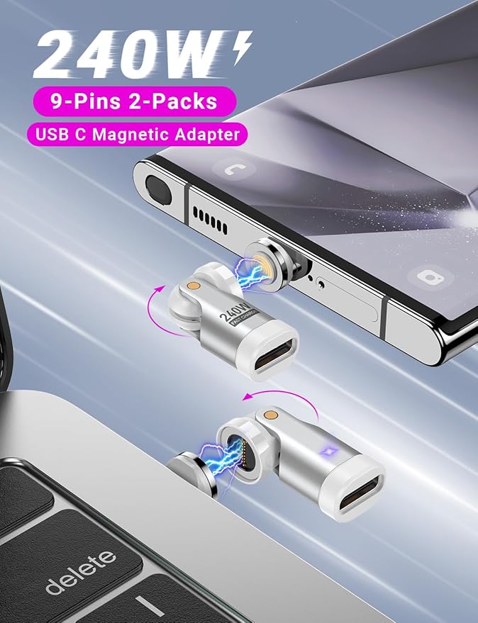 USB C Magnetic Adapter PD 240W(3Pack), 9PIN USB C 90 Degree Adapter/C Right Angle Adapter/180 Degree C Connector/Magnetic C to C for 1Phone 16/15, Ma-Book Pro/1Pad Series, Samsung Galaxy Series