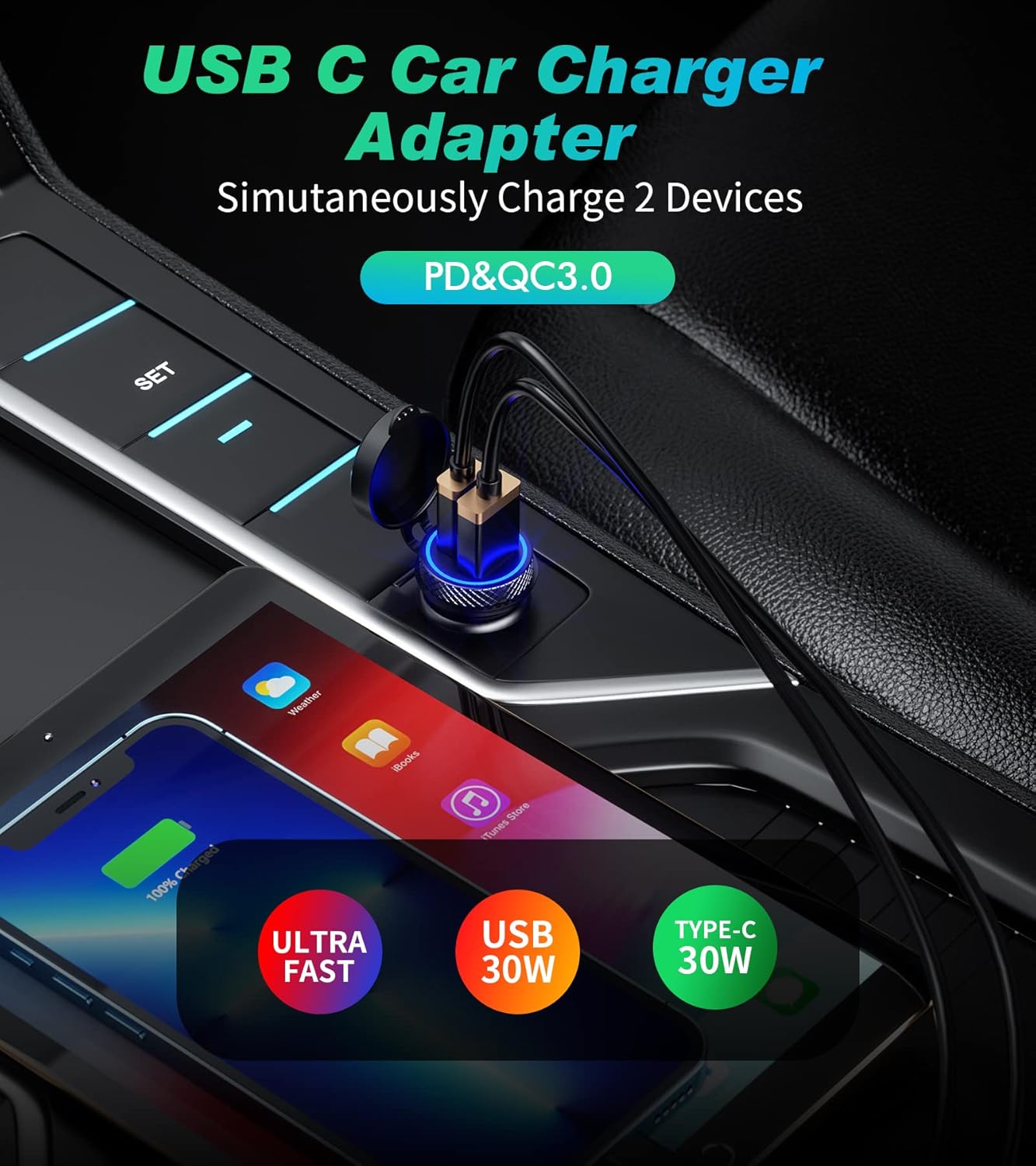 KEWIG USB C Car Charger, 60W/5A Super Mini Fast Adapter QC3.0&PD Type C Dual Port Quick Charge for iPhone 13/12 Pro/Max