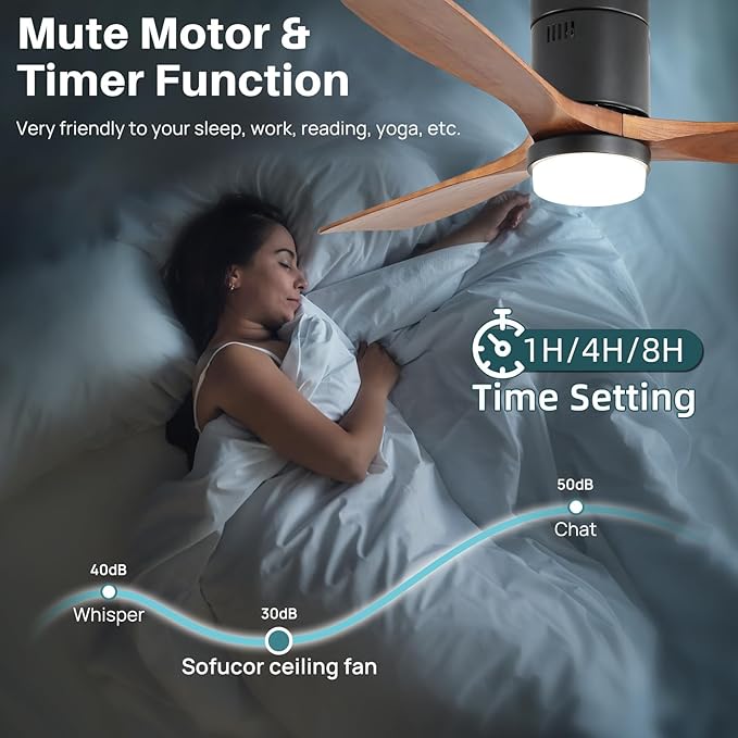 Sofucor 52 Inch Smart Ceiling Fans with Lights-Flush Mount Low Profile Modern Outdoor Solid Wood Ceiling Fans with Alexa/Google Assistant/APP/Remote Control for Bedroom/Farmhouse/Patio, Brown Black