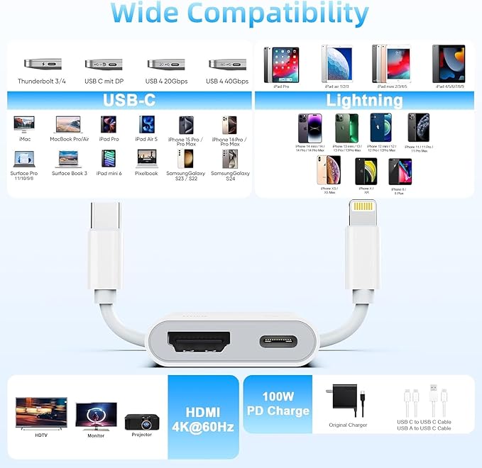 USB-C and Lightning to HDMI Adapter for iPhone ipad to TV [2025 New, MFi Certified],4K@60 Hz Sync Screen Apple Lightning to Digital AV Adapter for MacBook, iPhone16/15,iPad to TV/Projector/Monitor