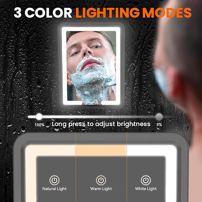 LED Fogless Shower Mirror for Shaving - Heated Fog Free, 3 Dimmable Lights, 360° Adjustable, Rechargeable - with Storage Tray, Razor & Shaving Brush Holders, Gifts for Men
