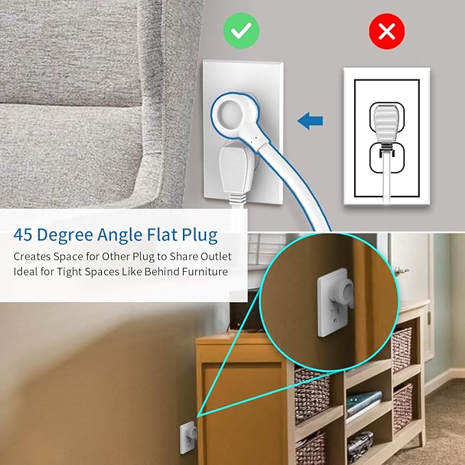 Extension Cord 15 ft, 6 Outlets Surge Protector Outlet, Heavy Duty Long Power Strip Flat Plug, 1875W Flat Plug, Widely Spaced Outlet, Wall Mount for TV Dorm Office Home Theater, White