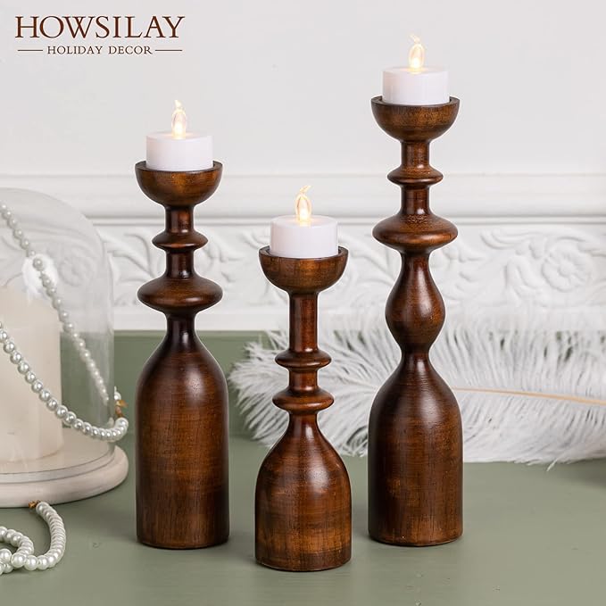 HOWSILAY Candle Holder Wood Candle Holders for Table Centerpiece Candlestick Holders Modern Farmhouse Decor Candlesticks fits 3/4" or 7/8" Taper Candle and Dia 1.5" Led Tea Lights or Pillar Candles