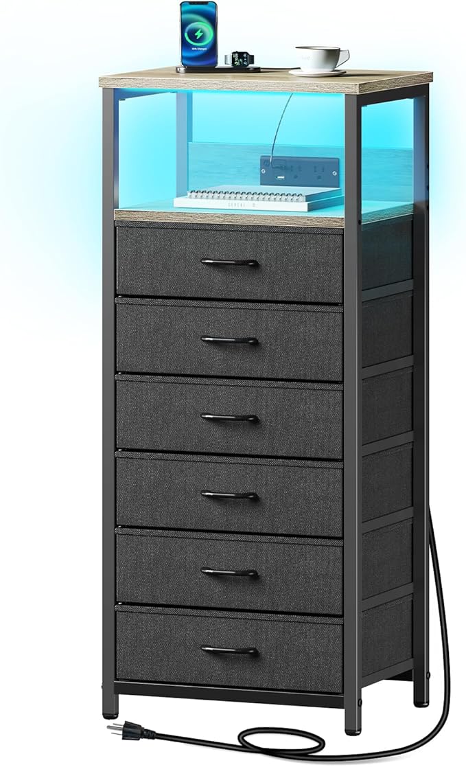 Seventable Night Stand with Charging Station, Tall Nightstand with 6 Fabric Storage Drawers, Side Table with LED Light for Bedroom, Entryway, Greige