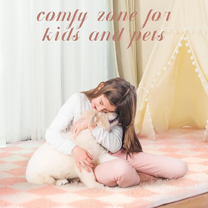 Super Soft Rug for Bedroom, 6x9 Ft Pink and White Area Rug Classic Checkered Shaggy Anti-Skid High Pile Soft Fluffy Rug Fuzzy Carpet for Living Room Bedroom Kids Room Nursery, Dorm Home Decor