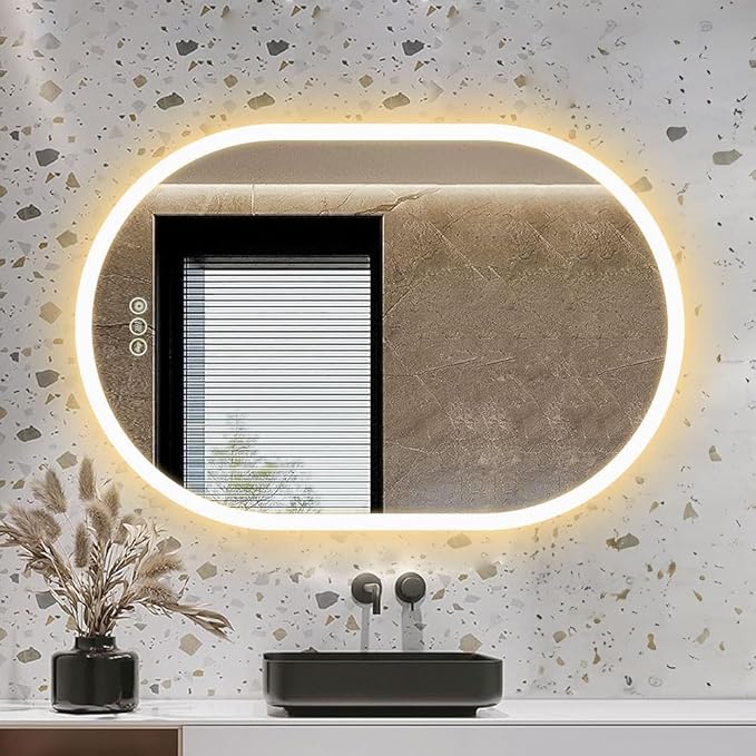 Bathroom LED Oval Mirror, 24 x 36 inches, Wall Mount, 3 Colors, Stepless Dimmable, Anti-Fog, Backlit, Frameless Frosted Edge, Home Mirror