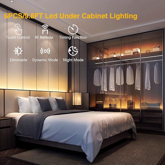 DAYBETTER Under Cabinet Lighting kit, 6 PCS LED Strip Lights with Remote, Dimmer and Adapter, Dimmable for Kitchen Cabinet,Counter,TV Back,Showcase 2700K-6500K Warm to Daylight White, Timing, 20ft