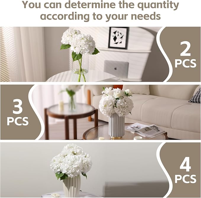 Nubry 22.44In White Hydrangea Artificial Flowers, 2Pcs Latex Faux Real Touch Large Hydrangea Flowers with Long Stems & Leaves for Home Office Decor Wedding Party Arrangements(White)