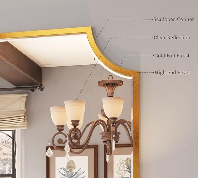 Kelly Miller 24"x36" Gold Mirror for Wall, Gold Scalloped Mirror Vanity Mirror Decorative Wall Mirror Art Beveled Framed for Master Bath Half Bath Living Room Fireplace Mantle Hallyway Entryway